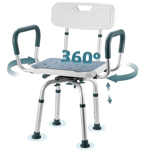 Swivel Shower Chair with Arms and Back, 350lbs Heavy Duty Shower Seat for Inside Shower Stall and Bathtub, Height Adjustable Safety Bath Seat for Elderly, Adults, Handicap and Disabled